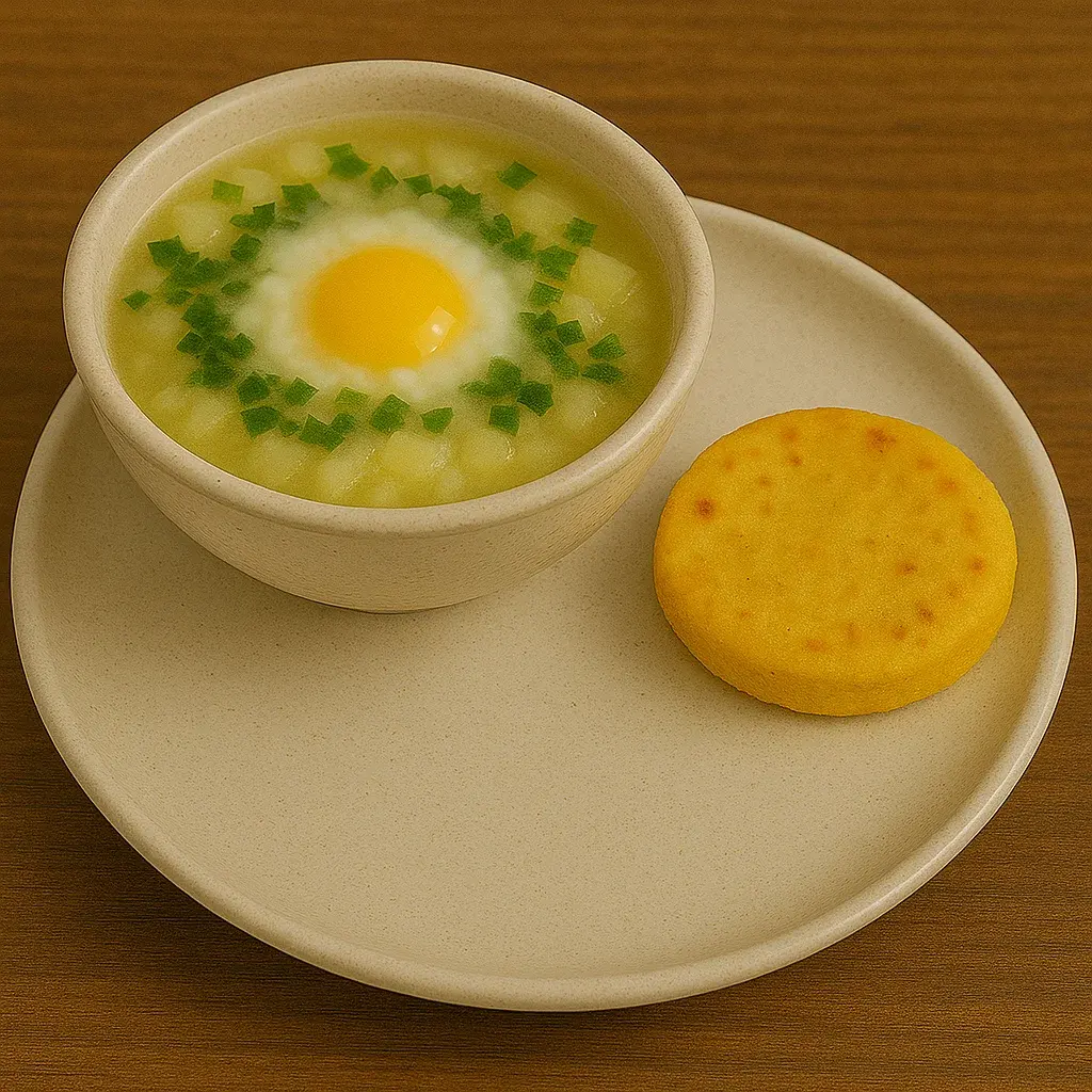 Caldo con huevo y arepa